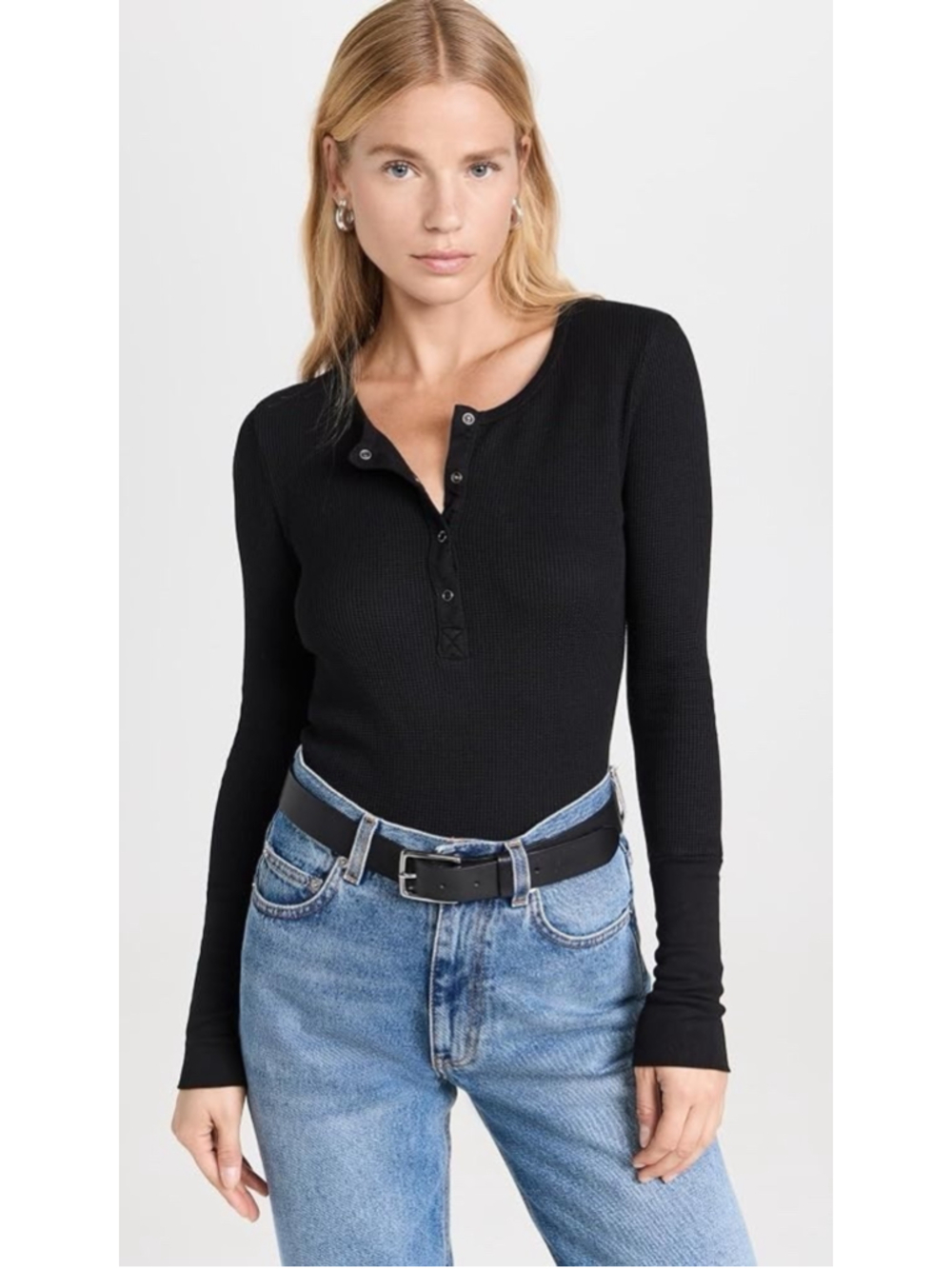 SPLENDID Forever Long Sleeve Thermal Henley Top Shirt Black S Basic Essential